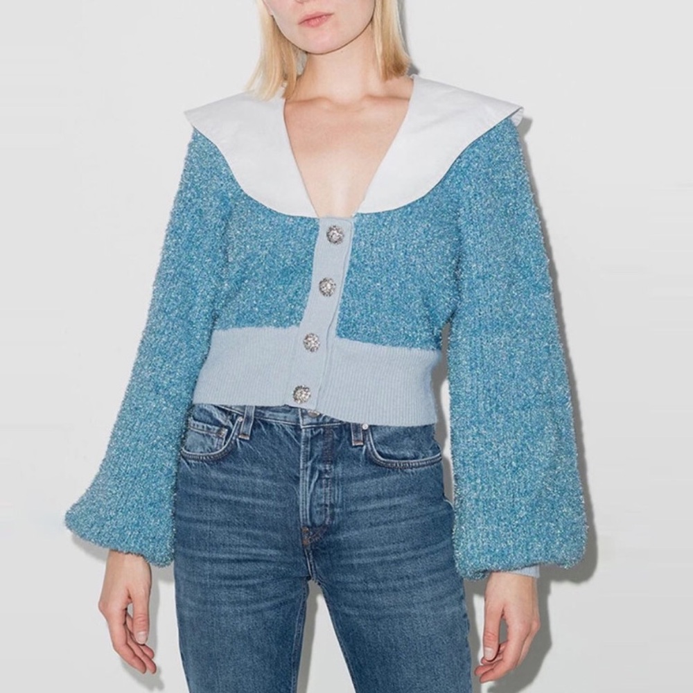 Ganni Blue Boucle Tinsel Sparkle Knit Cardigan NWT SIZE M
